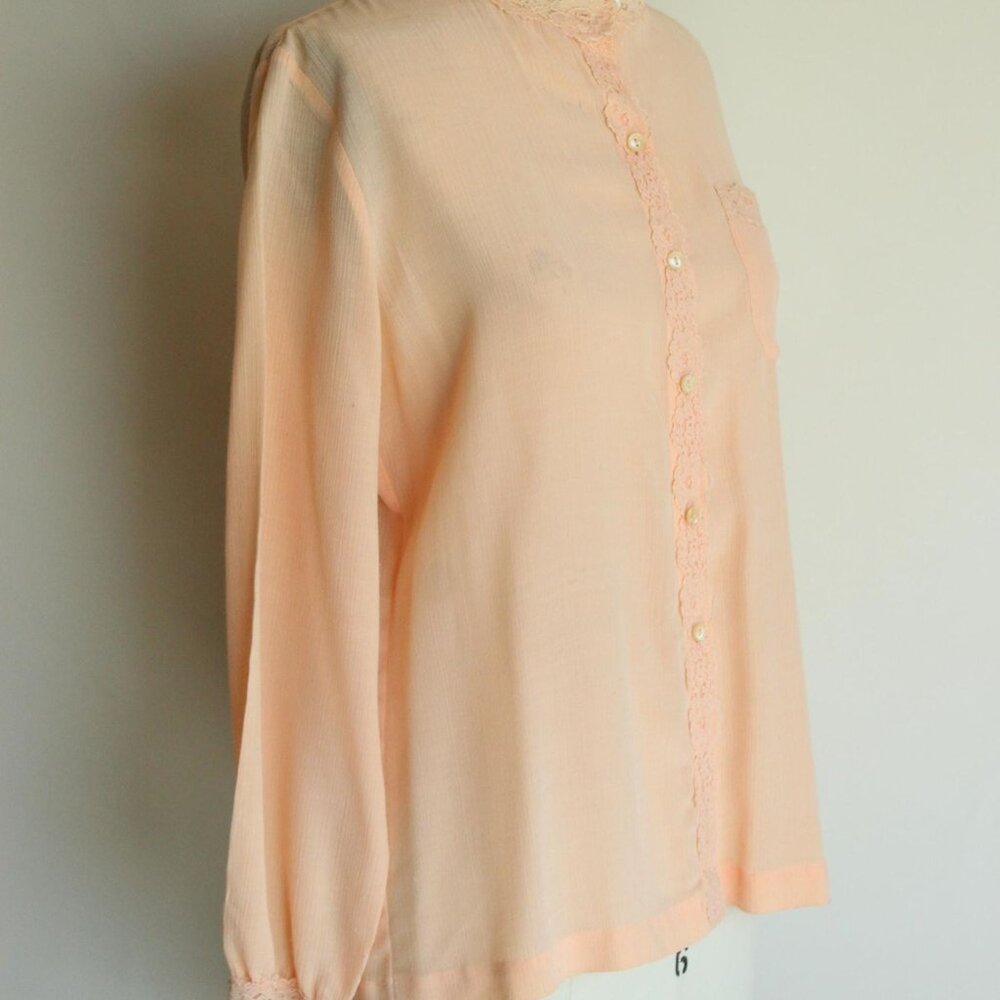 Vintage 1970s 1980s Blouse, Miss Capri Peach Shirt with Lace Trim, Grandma Core - Picture 6 of 10